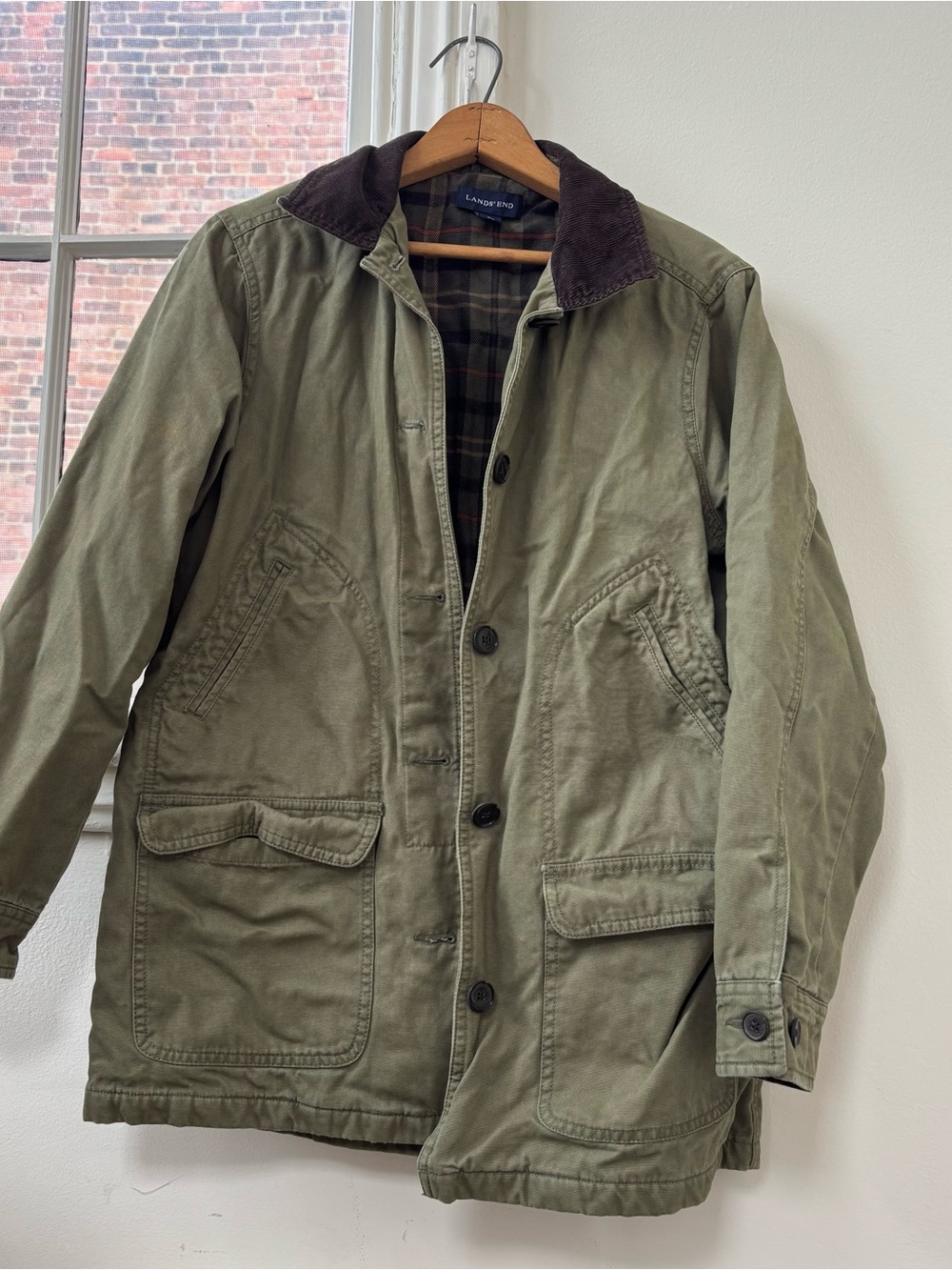 Lands' End Olive Green Field Coat with Dark Brown Corduroy Collar